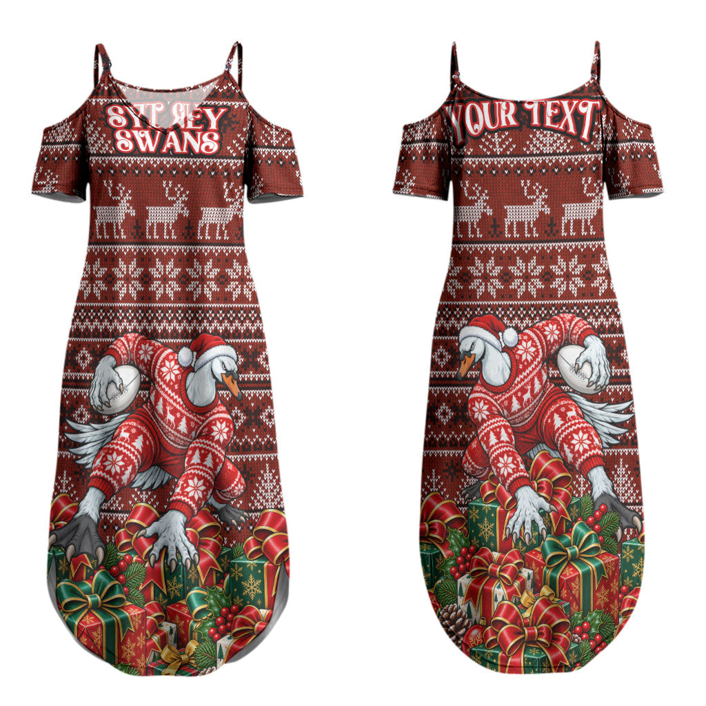 Personalized Sydney Swans Football Christmas Couples Matching Summer Maxi Dress and Long Sleeve Button Shirt Australian Football Mascot - Ugly Xmas Pattern Festive