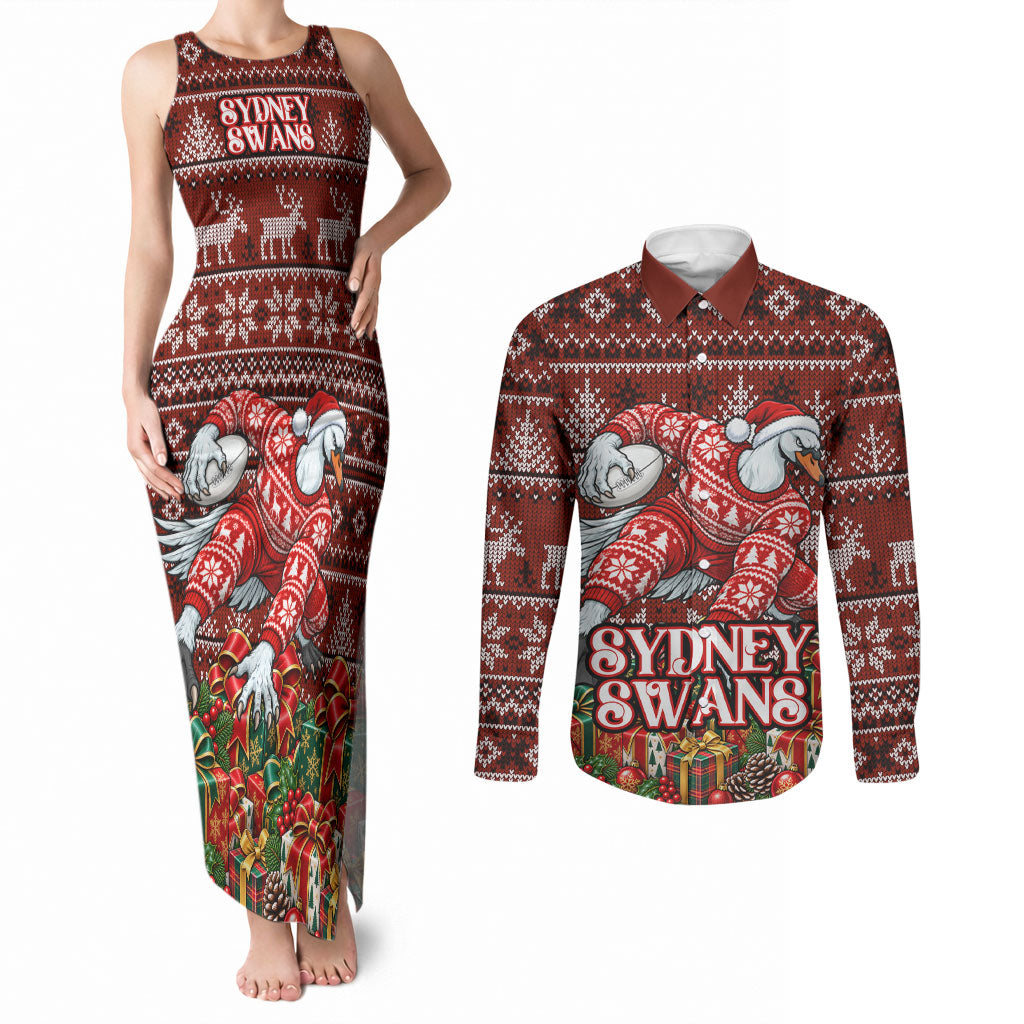 Personalized Sydney Swans Football Christmas Couples Matching Tank Maxi Dress and Long Sleeve Button Shirt Australian Football Mascot - Ugly Xmas Pattern Festive