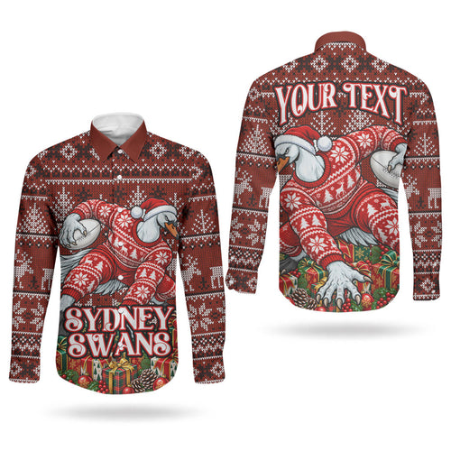 Personalized Sydney Swans Football Christmas Couples Matching Tank Maxi Dress and Long Sleeve Button Shirt Australian Football Mascot - Ugly Xmas Pattern Festive