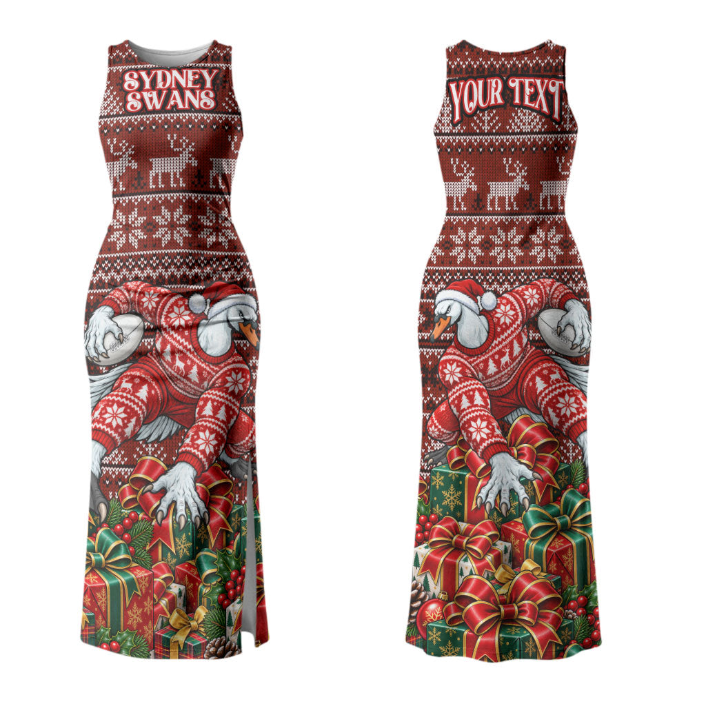 Personalized Sydney Swans Football Christmas Couples Matching Tank Maxi Dress and Long Sleeve Button Shirt Australian Football Mascot - Ugly Xmas Pattern Festive