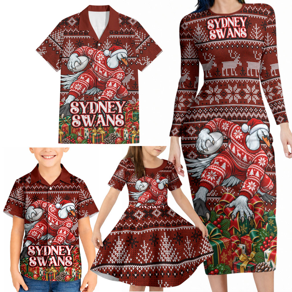 Personalized Sydney Swans Football Christmas Family Matching Long Sleeve Bodycon Dress and Hawaiian Shirt Australian Football Mascot - Ugly Xmas Pattern Festive