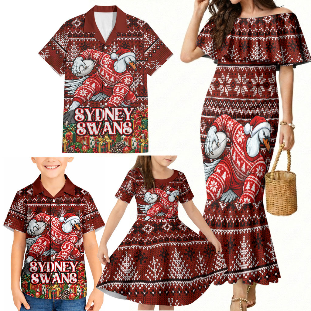 Personalized Sydney Swans Football Christmas Family Matching Mermaid Dress and Hawaiian Shirt Australian Football Mascot - Ugly Xmas Pattern Festive
