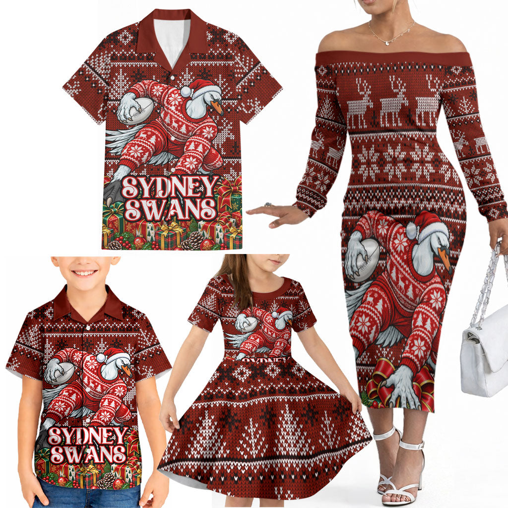 Personalized Sydney Swans Football Christmas Family Matching Off The Shoulder Long Sleeve Dress and Hawaiian Shirt Australian Football Mascot - Ugly Xmas Pattern Festive