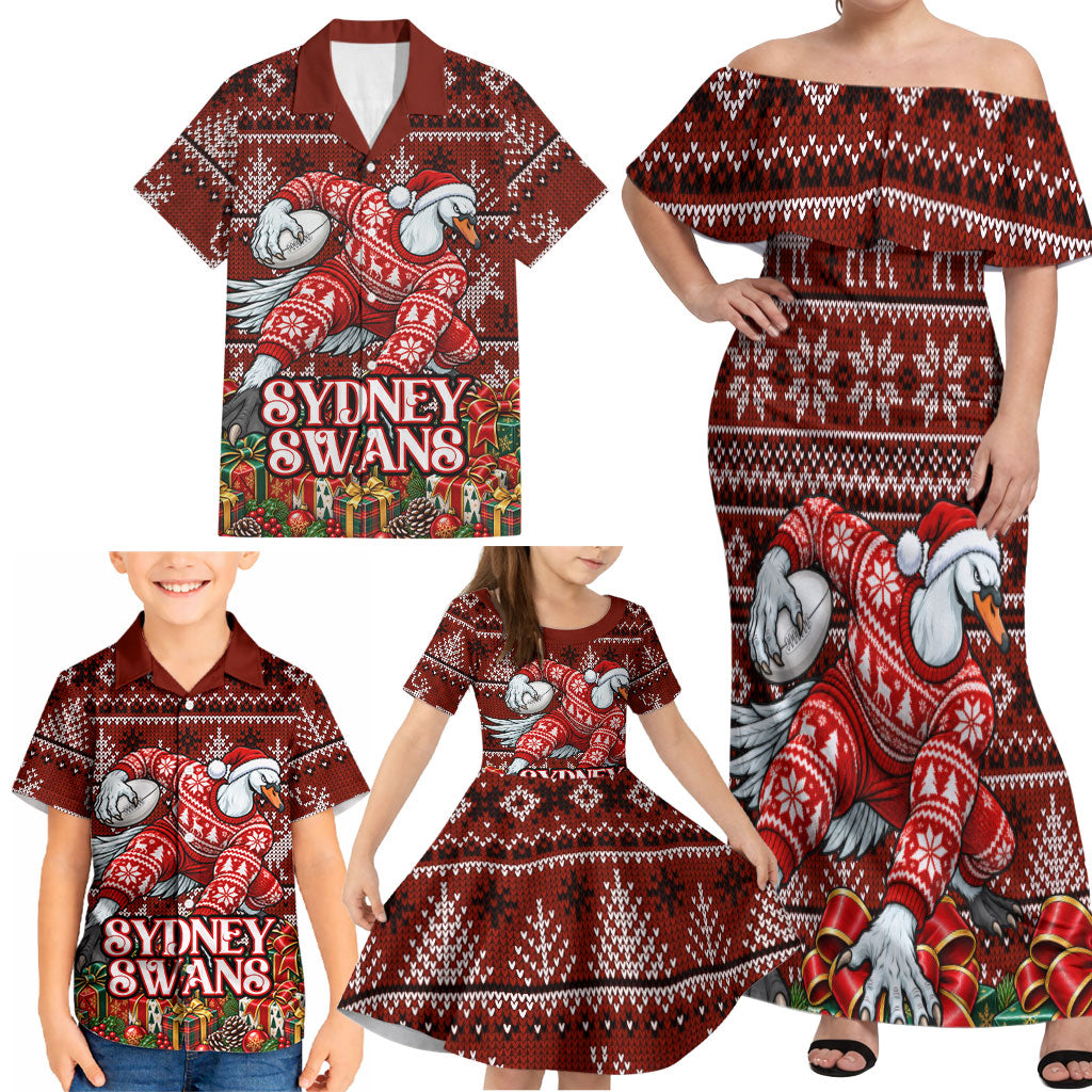 Personalized Sydney Swans Football Christmas Family Matching Off Shoulder Maxi Dress and Hawaiian Shirt Australian Football Mascot - Ugly Xmas Pattern Festive