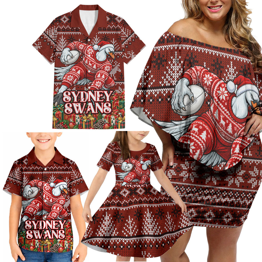 Personalized Sydney Swans Football Christmas Family Matching Off Shoulder Short Dress and Hawaiian Shirt Australian Football Mascot - Ugly Xmas Pattern Festive