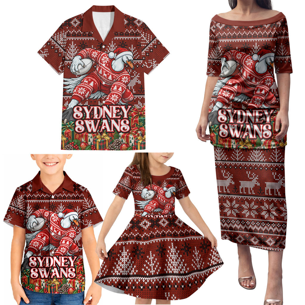 Personalized Sydney Swans Football Christmas Family Matching Puletasi and Hawaiian Shirt Australian Football Mascot - Ugly Xmas Pattern Festive