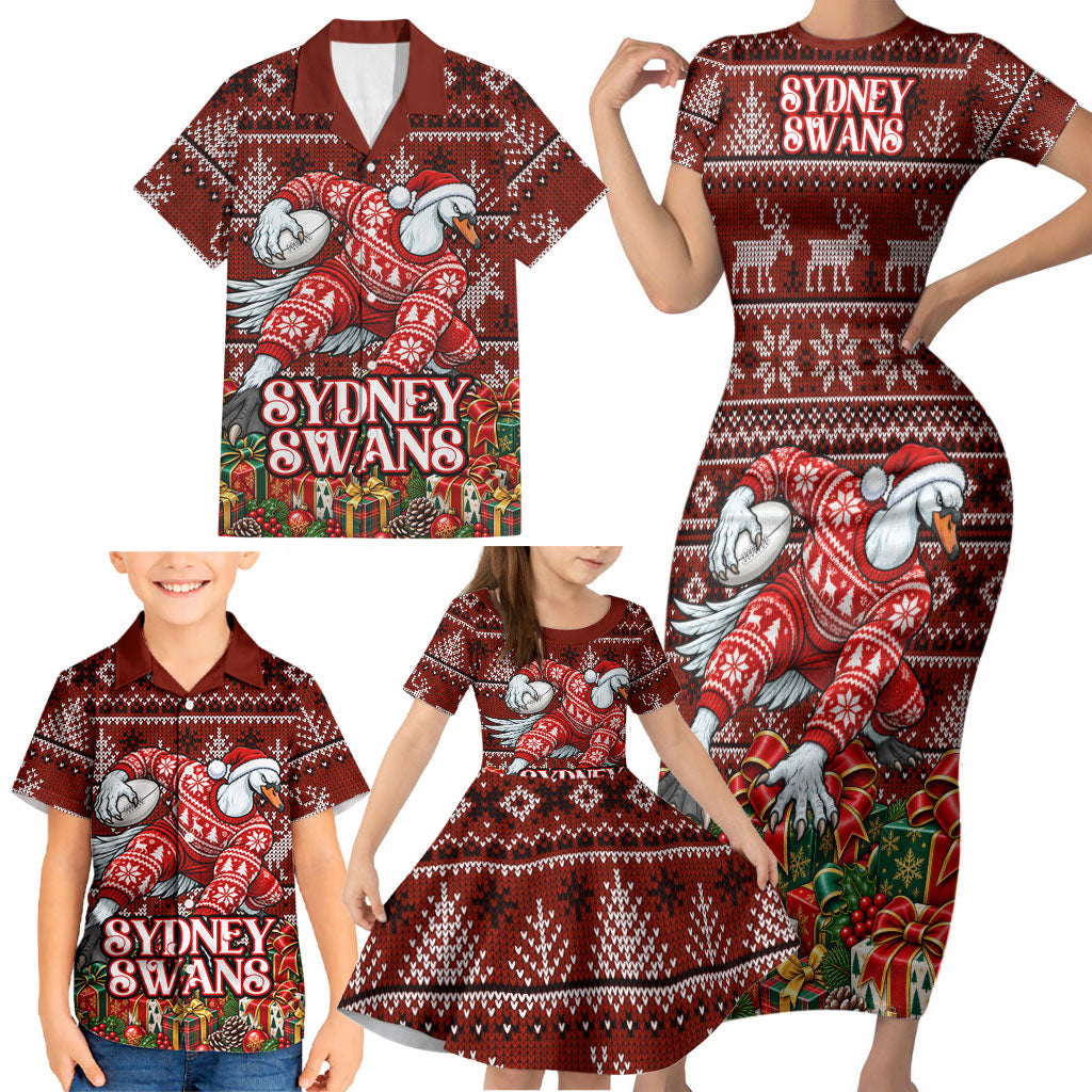 Personalized Sydney Swans Football Christmas Family Matching Short Sleeve Bodycon Dress and Hawaiian Shirt Australian Football Mascot - Ugly Xmas Pattern Festive