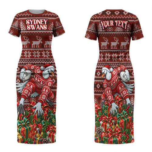 Personalized Sydney Swans Football Christmas Family Matching Short Sleeve Bodycon Dress and Hawaiian Shirt Australian Football Mascot - Ugly Xmas Pattern Festive