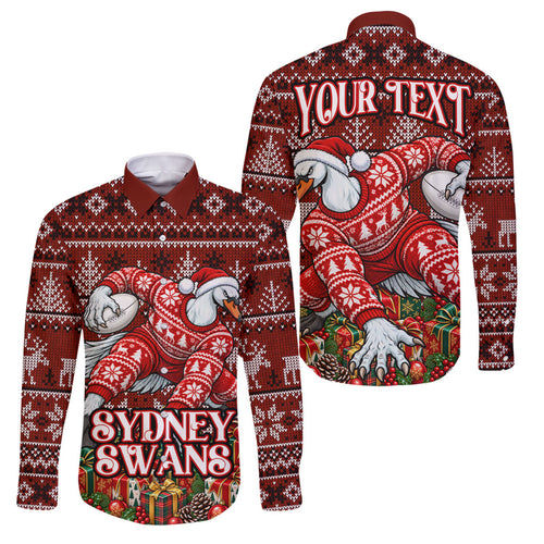 Personalized Sydney Swans Football Christmas Family Matching Short Sleeve Bodycon Dress and Hawaiian Shirt Australian Football Mascot - Ugly Xmas Pattern Festive
