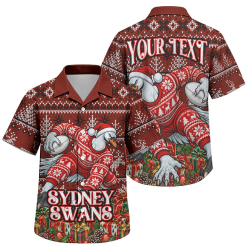 Personalized Sydney Swans Football Christmas Family Matching Short Sleeve Bodycon Dress and Hawaiian Shirt Australian Football Mascot - Ugly Xmas Pattern Festive