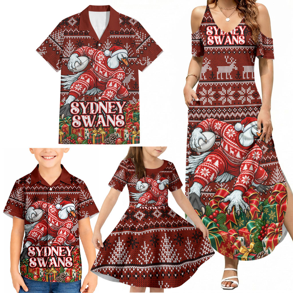 Personalized Sydney Swans Football Christmas Family Matching Summer Maxi Dress and Hawaiian Shirt Australian Football Mascot - Ugly Xmas Pattern Festive