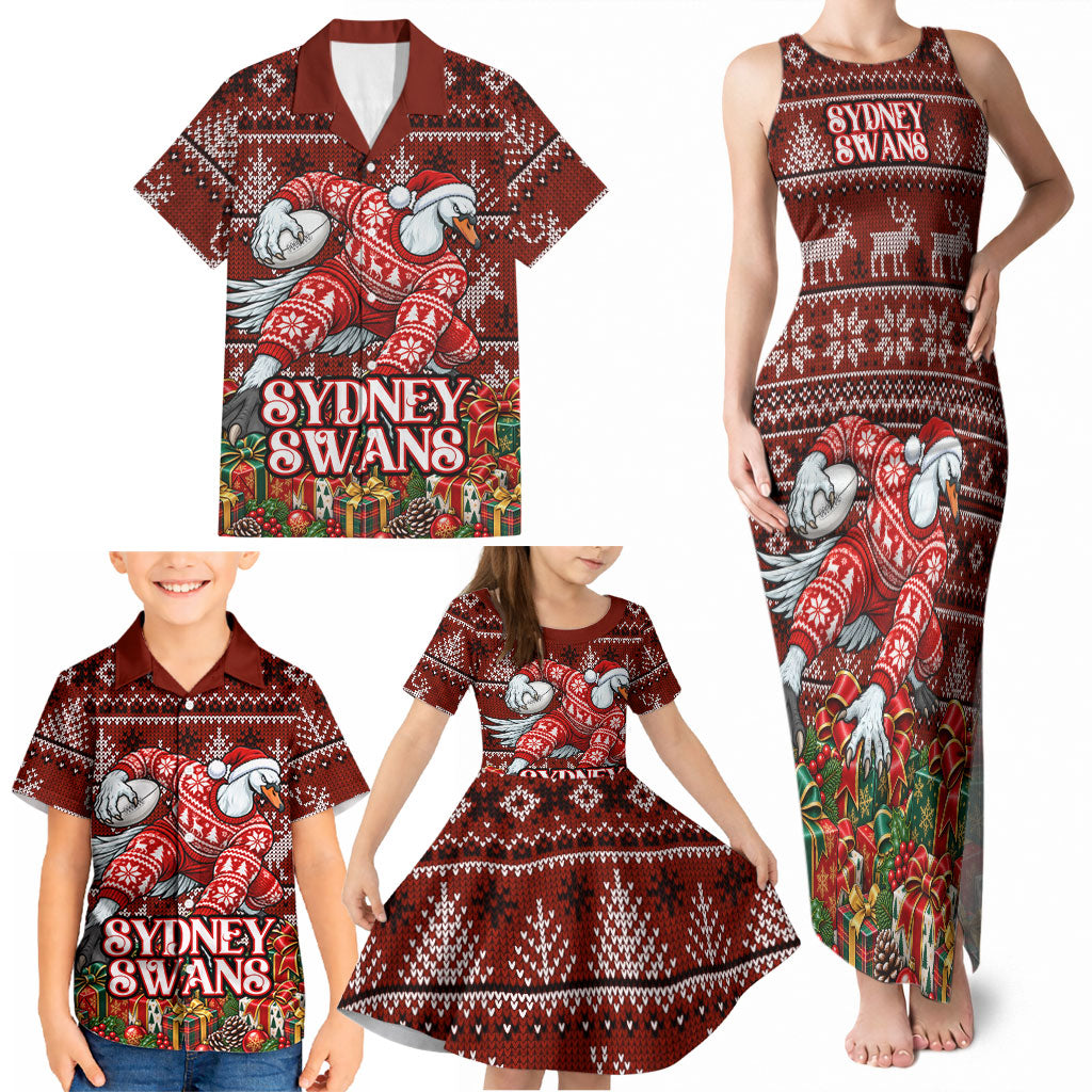 Personalized Sydney Swans Football Christmas Family Matching Tank Maxi Dress and Hawaiian Shirt Australian Football Mascot - Ugly Xmas Pattern Festive