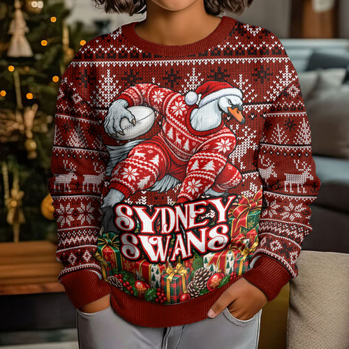 Personalized Sydney Swans Football Christmas Kid Ugly Christmas Sweater Australian Football Mascot - Ugly Xmas Pattern Festive