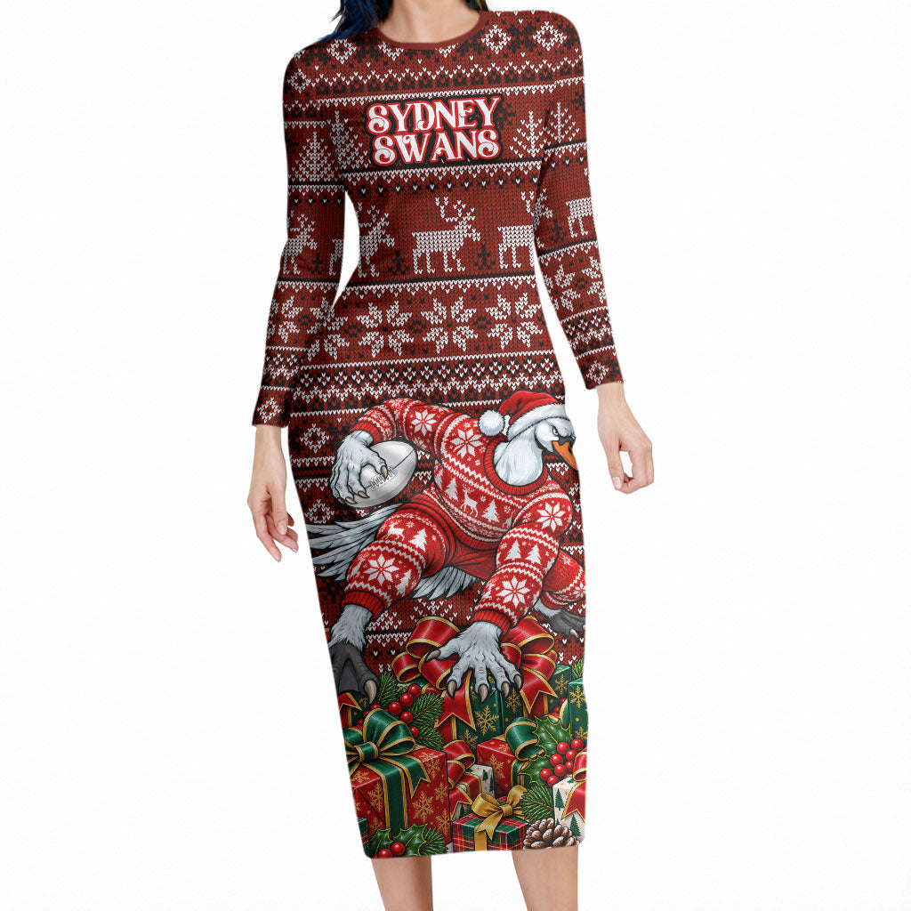 Personalized Sydney Swans Football Christmas Long Sleeve Bodycon Dress Australian Football Mascot - Ugly Xmas Pattern Festive