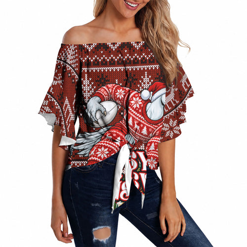 Personalized Sydney Swans Football Christmas Off Shoulder Wrap Waist Top Australian Football Mascot - Ugly Xmas Pattern Festive