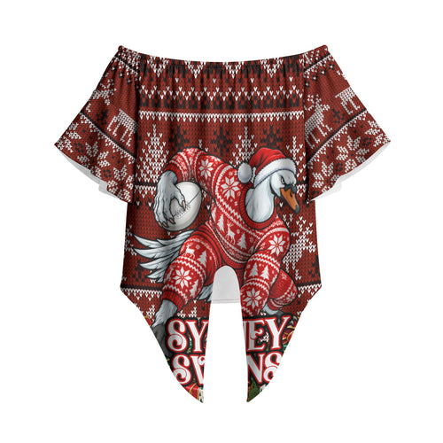 Personalized Sydney Swans Football Christmas Off Shoulder Wrap Waist Top Australian Football Mascot - Ugly Xmas Pattern Festive