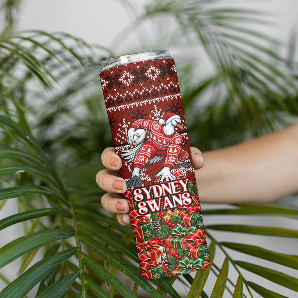 Personalized Sydney Swans Football Christmas Skinny Tumbler Australian Football Mascot - Ugly Xmas Pattern Festive
