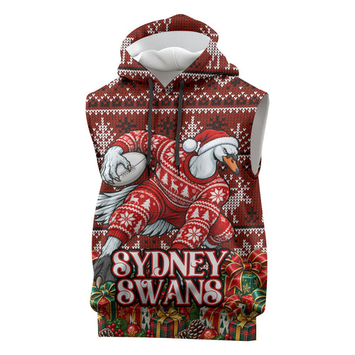 Personalized Sydney Swans Football Christmas Sleeveless Hoodie Australian Football Mascot - Ugly Xmas Pattern Festive