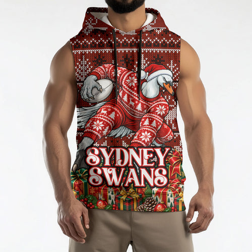 Personalized Sydney Swans Football Christmas Sleeveless Hoodie Australian Football Mascot - Ugly Xmas Pattern Festive