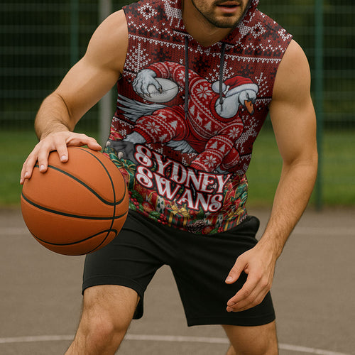 Personalized Sydney Swans Football Christmas Sleeveless Hoodie Australian Football Mascot - Ugly Xmas Pattern Festive