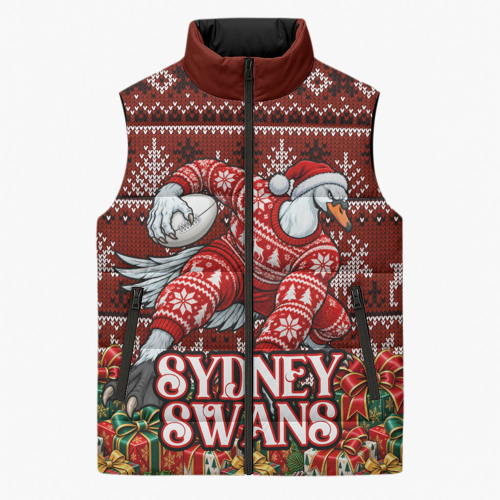 Personalized Sydney Swans Football Christmas Sleeveless Puffer Jacket Australian Football Mascot - Ugly Xmas Pattern Festive