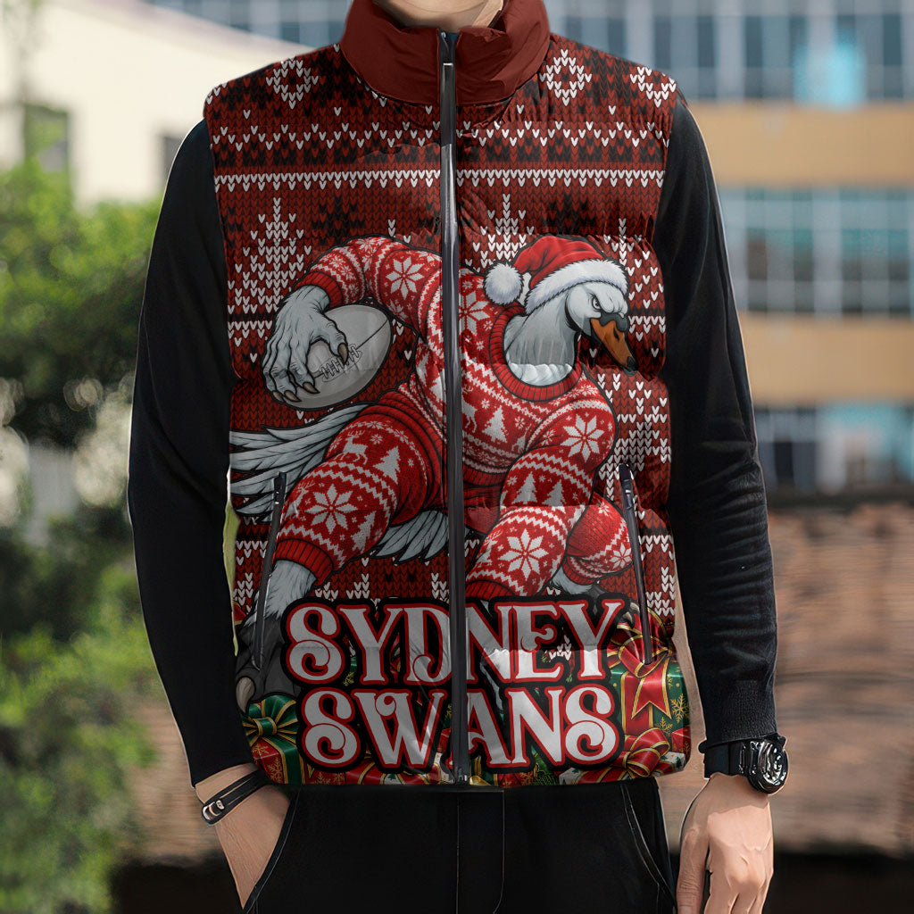 Personalized Sydney Swans Football Christmas Sleeveless Puffer Jacket Australian Football Mascot - Ugly Xmas Pattern Festive