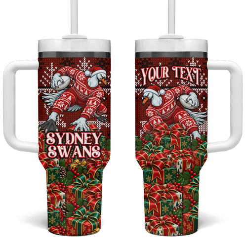 Personalized Sydney Swans Football Christmas Tumbler With Handle Australian Football Mascot - Ugly Xmas Pattern Festive