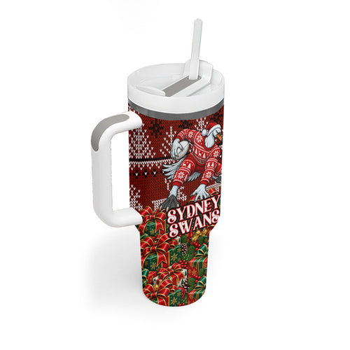 Personalized Sydney Swans Football Christmas Tumbler With Handle Australian Football Mascot - Ugly Xmas Pattern Festive