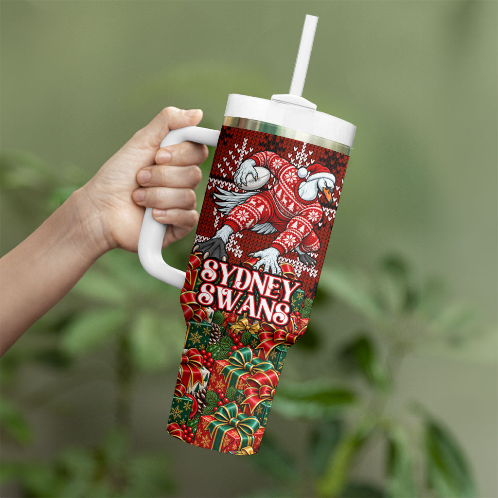 Personalized Sydney Swans Football Christmas Tumbler With Handle Australian Football Mascot - Ugly Xmas Pattern Festive