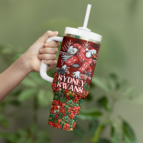 Personalized Sydney Swans Football Christmas Tumbler With Handle Australian Football Mascot - Ugly Xmas Pattern Festive