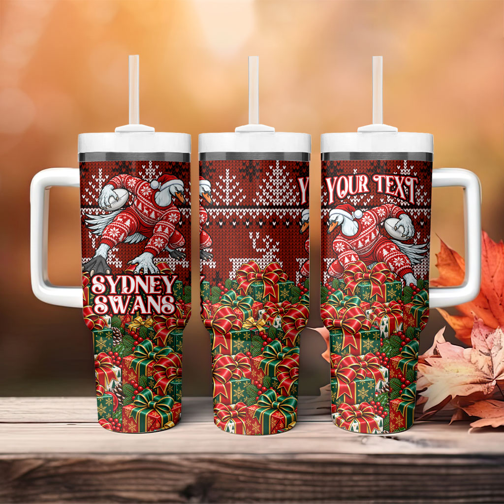 Personalized Sydney Swans Football Christmas Tumbler With Handle Australian Football Mascot - Ugly Xmas Pattern Festive