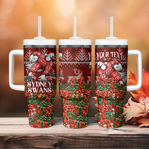 Personalized Sydney Swans Football Christmas Tumbler With Handle Australian Football Mascot - Ugly Xmas Pattern Festive