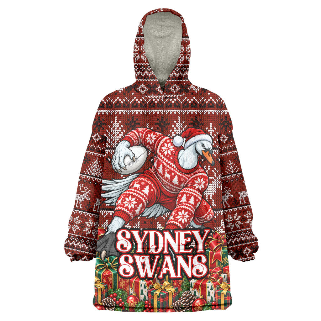 Personalized Sydney Swans Football Christmas Wearable Blanket Hoodie Australian Football Mascot - Ugly Xmas Pattern Festive