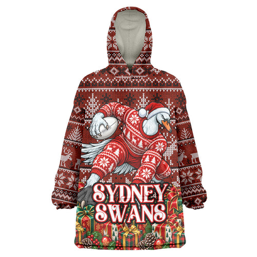 Personalized Sydney Swans Football Christmas Wearable Blanket Hoodie Australian Football Mascot - Ugly Xmas Pattern Festive