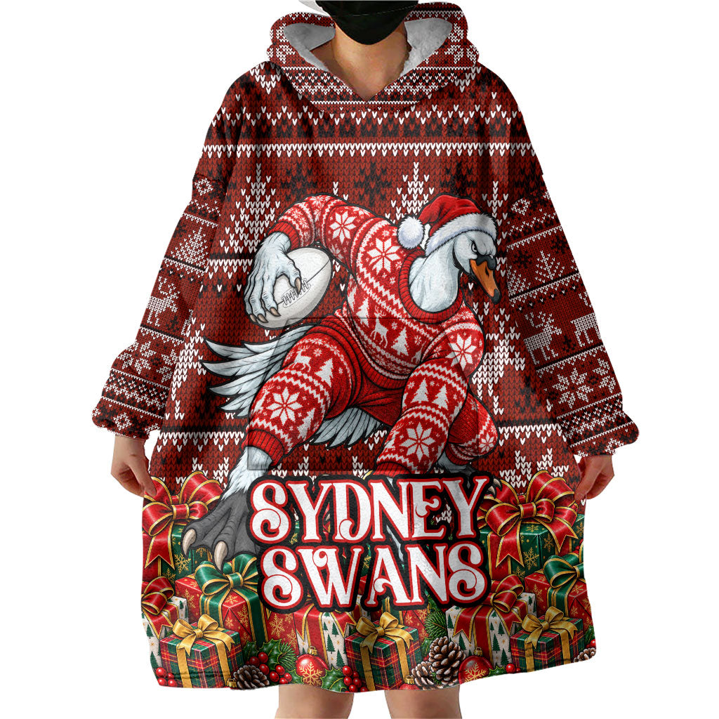 Personalized Sydney Swans Football Christmas Wearable Blanket Hoodie Australian Football Mascot - Ugly Xmas Pattern Festive