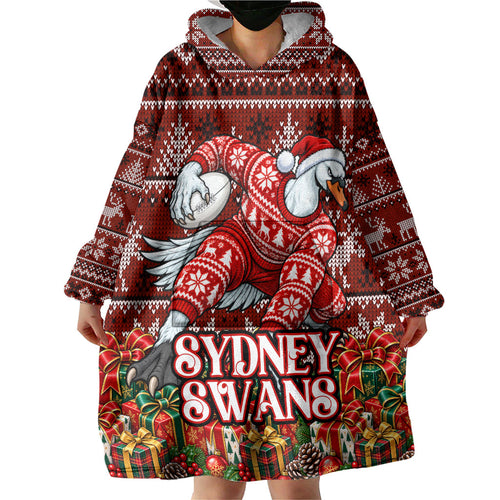 Personalized Sydney Swans Football Christmas Wearable Blanket Hoodie Australian Football Mascot - Ugly Xmas Pattern Festive