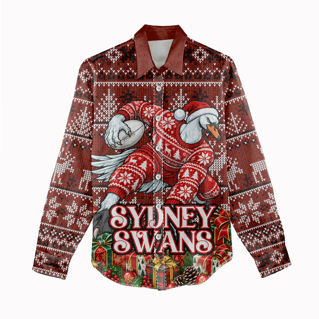 Personalized Sydney Swans Football Christmas Women Casual Shirt Australian Football Mascot - Ugly Xmas Pattern Festive