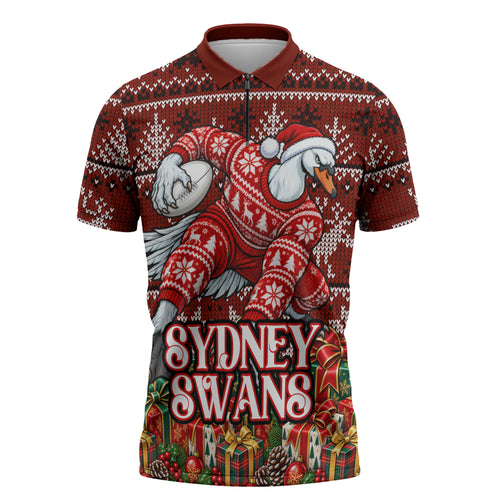 Personalized Sydney Swans Football Christmas Zipper Polo Shirt Australian Football Mascot - Ugly Xmas Pattern Festive