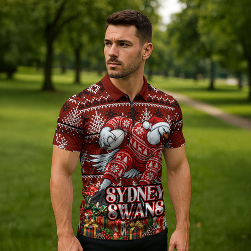 Personalized Sydney Swans Football Christmas Zipper Polo Shirt Australian Football Mascot - Ugly Xmas Pattern Festive