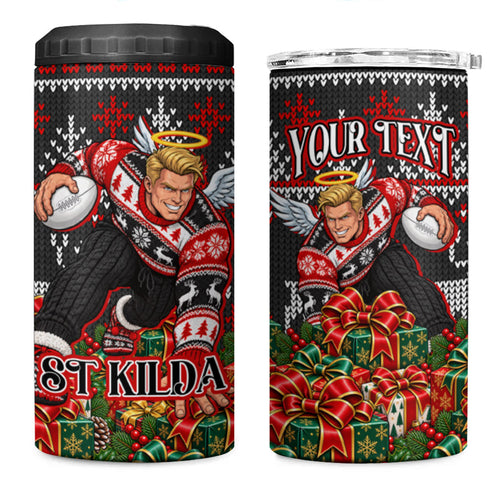 Personalized St Kilda Football Christmas 4 in 1 Can Cooler Tumbler Australian Football Mascot - Ugly Xmas Pattern Festive