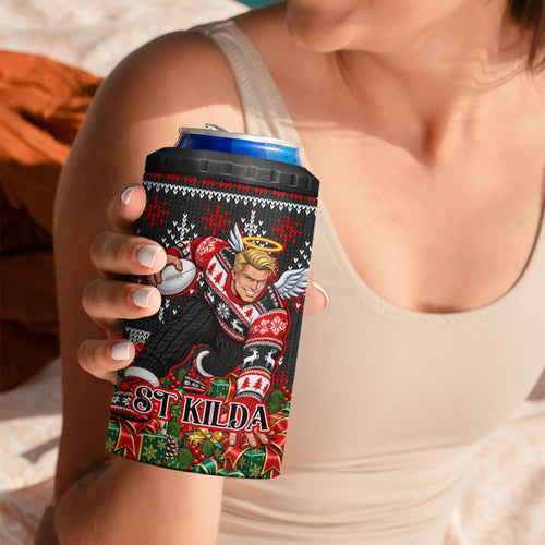 Personalized St Kilda Football Christmas 4 in 1 Can Cooler Tumbler Australian Football Mascot - Ugly Xmas Pattern Festive