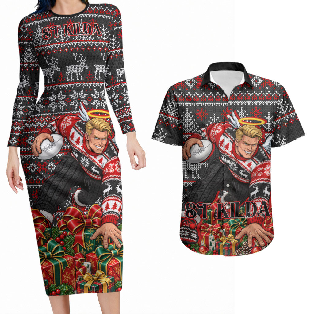 Personalized St Kilda Football Christmas Couples Matching Long Sleeve Bodycon Dress and Hawaiian Shirt Australian Football Mascot - Ugly Xmas Pattern Festive