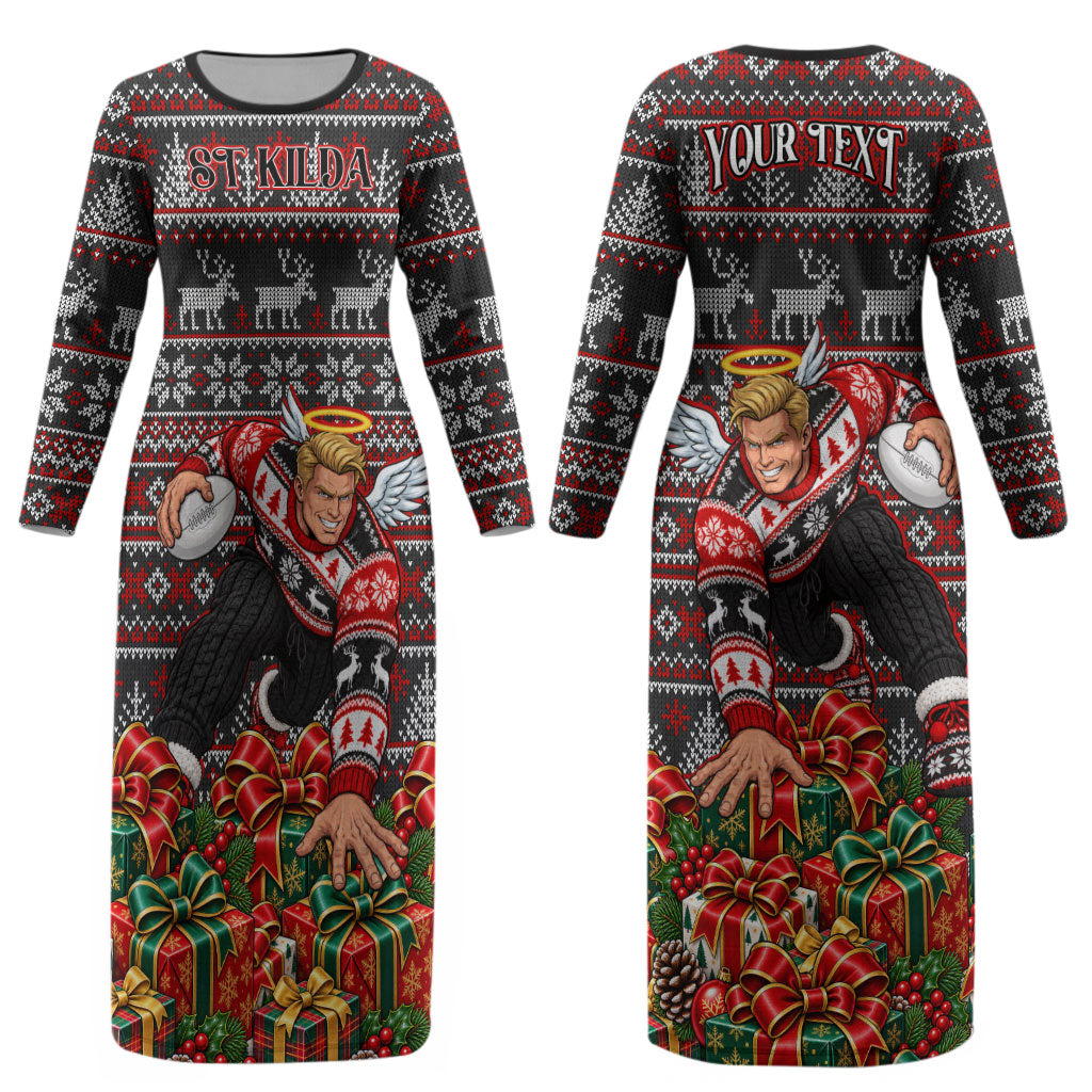 Personalized St Kilda Football Christmas Couples Matching Long Sleeve Bodycon Dress and Hawaiian Shirt Australian Football Mascot - Ugly Xmas Pattern Festive