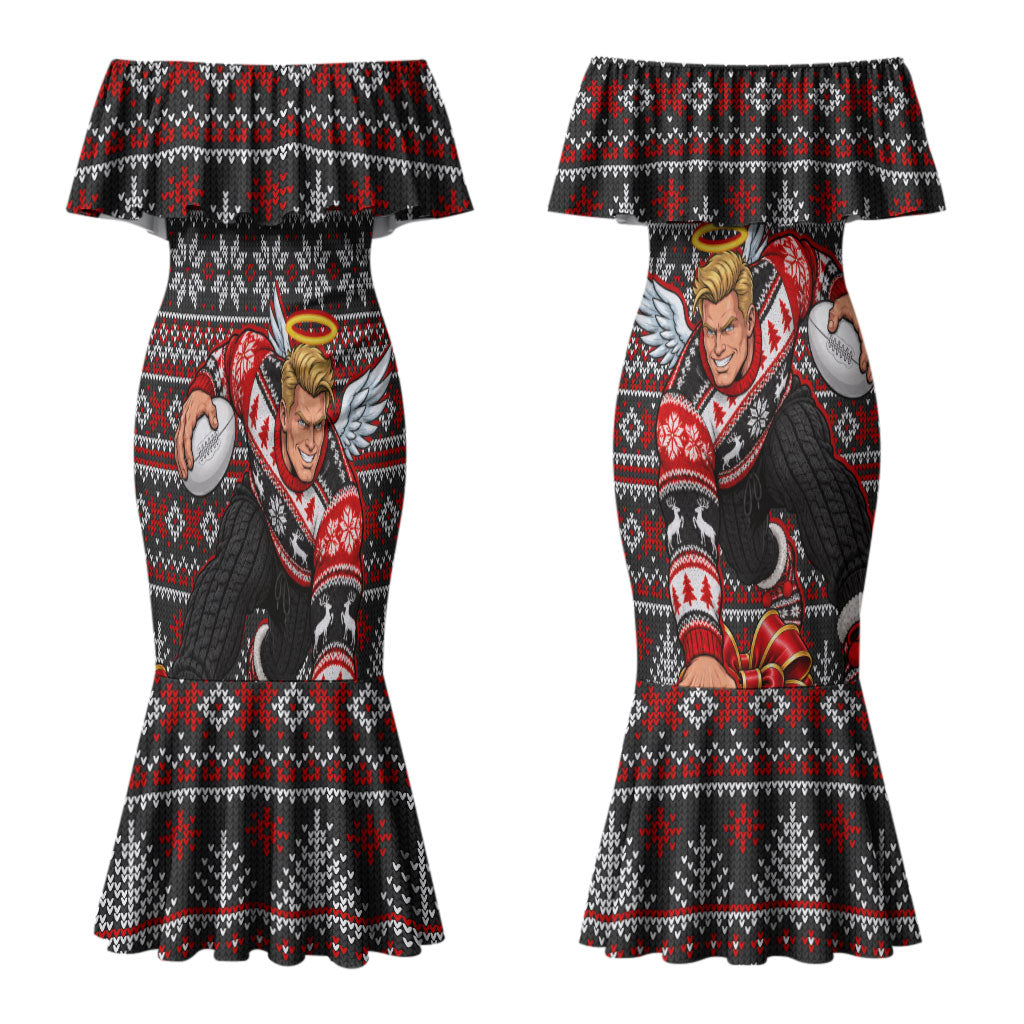 Personalized St Kilda Football Christmas Couples Matching Mermaid Dress and Hawaiian Shirt Australian Football Mascot - Ugly Xmas Pattern Festive