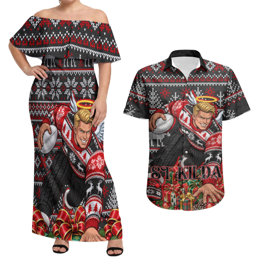 Personalized St Kilda Football Christmas Couples Matching Off Shoulder Maxi Dress and Hawaiian Shirt Australian Football Mascot - Ugly Xmas Pattern Festive