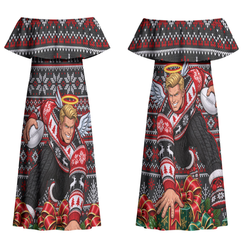 Personalized St Kilda Football Christmas Couples Matching Off Shoulder Maxi Dress and Hawaiian Shirt Australian Football Mascot - Ugly Xmas Pattern Festive