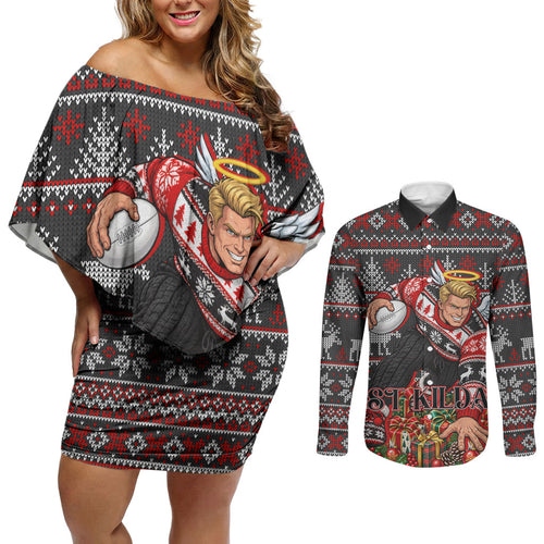 Personalized St Kilda Football Christmas Couples Matching Off Shoulder Short Dress and Long Sleeve Button Shirt Australian Football Mascot - Ugly Xmas Pattern Festive