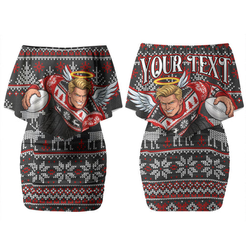 Personalized St Kilda Football Christmas Couples Matching Off Shoulder Short Dress and Long Sleeve Button Shirt Australian Football Mascot - Ugly Xmas Pattern Festive