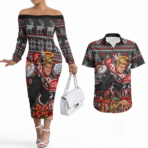 Personalized St Kilda Football Christmas Couples Matching Off The Shoulder Long Sleeve Dress and Hawaiian Shirt Australian Football Mascot - Ugly Xmas Pattern Festive