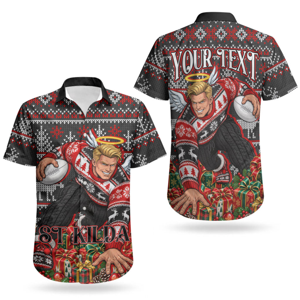 Personalized St Kilda Football Christmas Couples Matching Off The Shoulder Long Sleeve Dress and Hawaiian Shirt Australian Football Mascot - Ugly Xmas Pattern Festive
